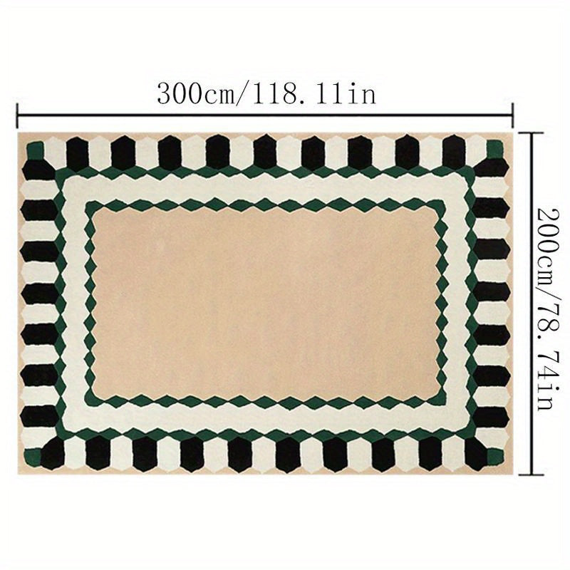 Extra Large Living Room Mat - Heavy-Duty 1000g+10mm Thick Mat, Beige Green Plaid Pattern (Black accents) - Machine Washable Luxury Floor Mat for Bedroom, Living Room, Home Decor - Soft Fluffy Polyester Mat, Bedroom Mat, Contemporary Style, Easy Maintenanc